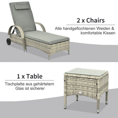 Sun Lounger Garden Table 3-Piece Garden Furniture Set, Polyrattan+Metal Gray