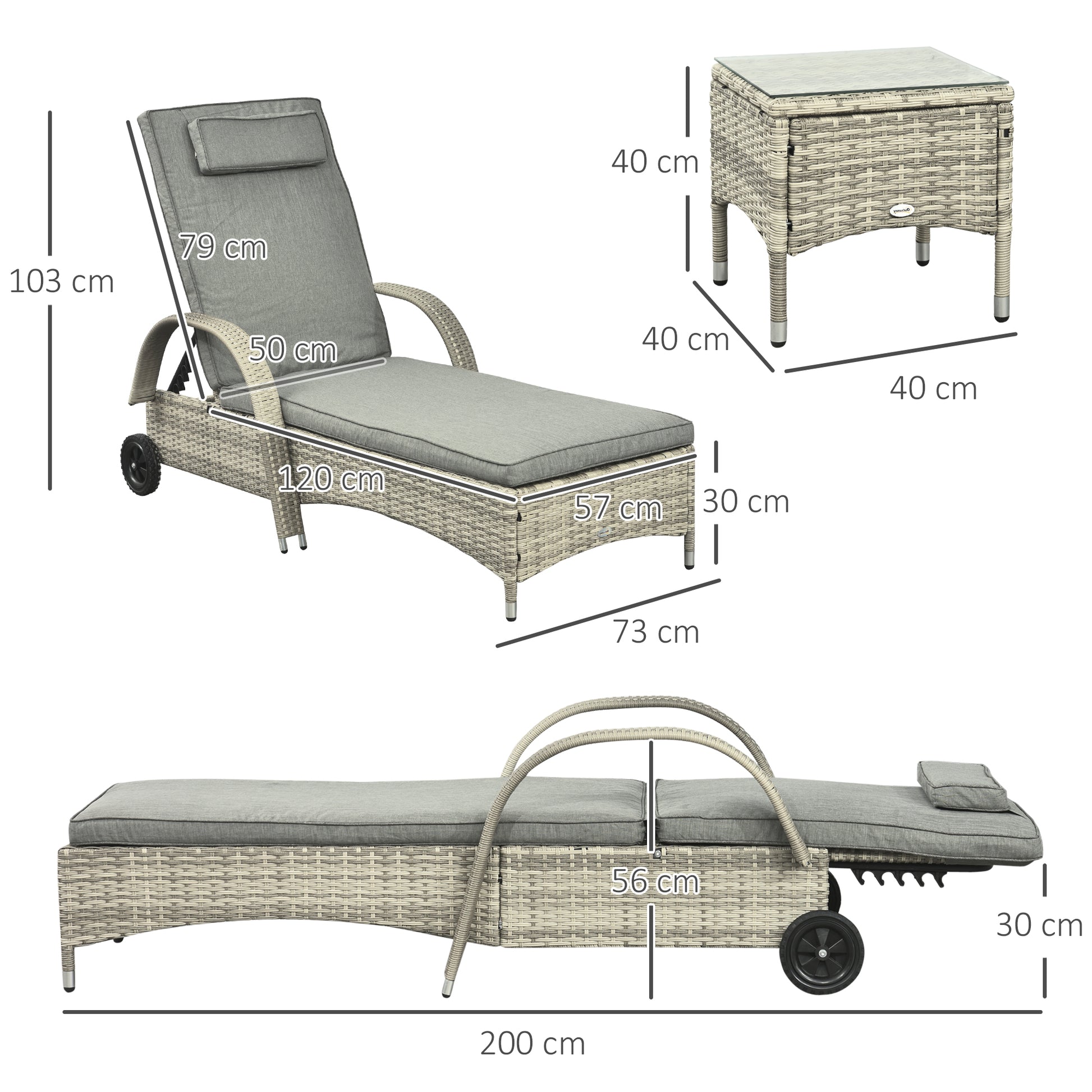 Sun Lounger Garden Table 3-Piece Garden Furniture Set, Polyrattan+Metal Gray
