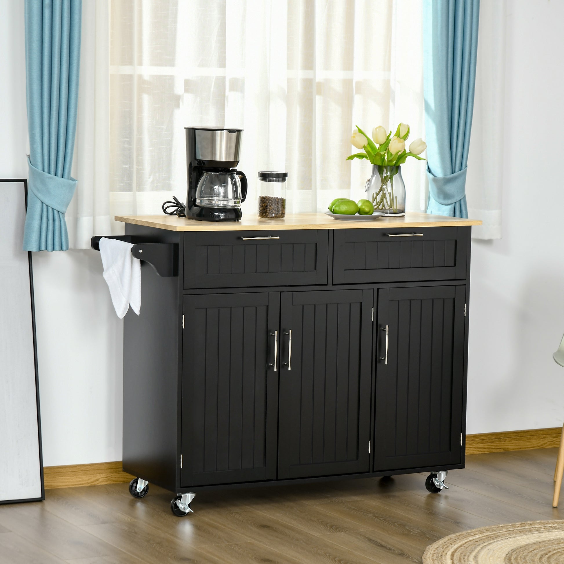 Multi-purpose Kitchen Trolley with 2 Drawers, 3-door Cabinet and 4 Wheels, Kitchen Island in Wood and MDF, 121x46x91cm, Black