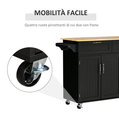 Multi-purpose Kitchen Trolley with 2 Drawers, 3-door Cabinet and 4 Wheels, Kitchen Island in Wood and MDF, 121x46x91cm, Black