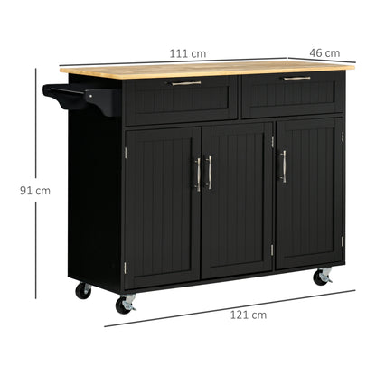 Multi-purpose Kitchen Trolley with 2 Drawers, 3-door Cabinet and 4 Wheels, Kitchen Island in Wood and MDF, 121x46x91cm, Black