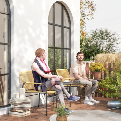 3-Piece Rattan Bistro Set, Seating Group, Garden Set with 2 Garden Armchairs, Coffee Table, Balcony Furniture Set for Garden, Terrace, Steel, Yellow