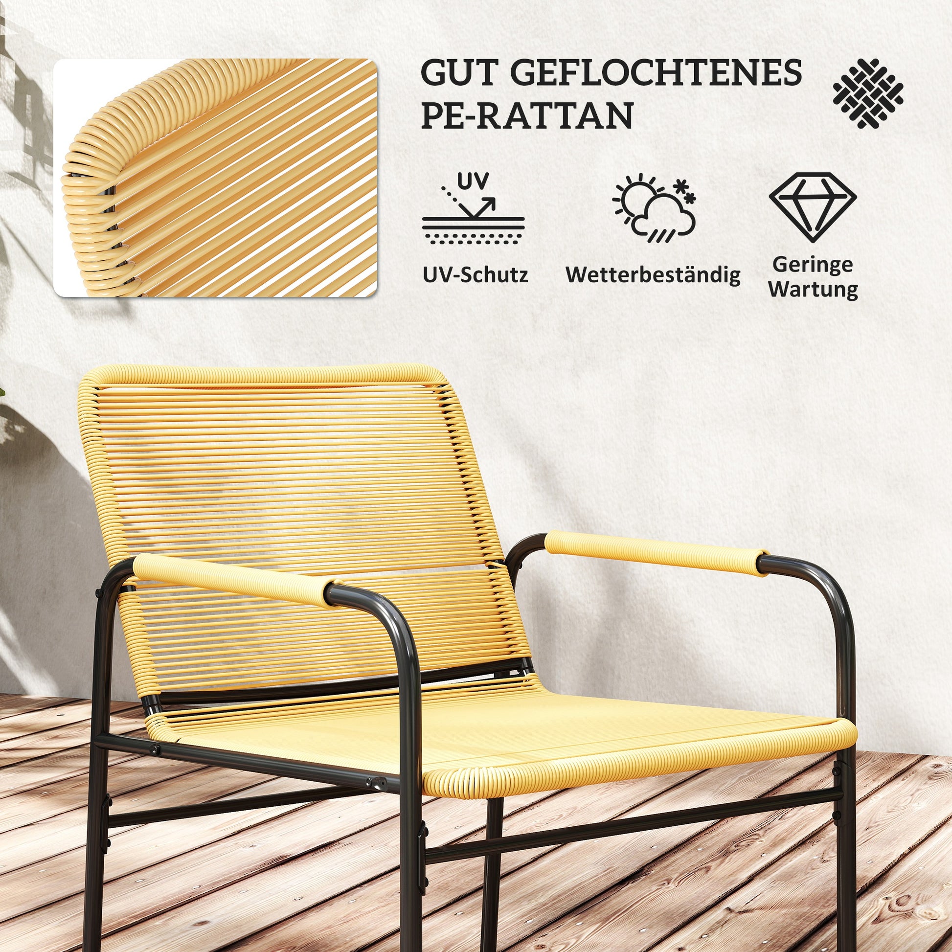3-Piece Rattan Bistro Set, Seating Group, Garden Set with 2 Garden Armchairs, Coffee Table, Balcony Furniture Set for Garden, Terrace, Steel, Yellow