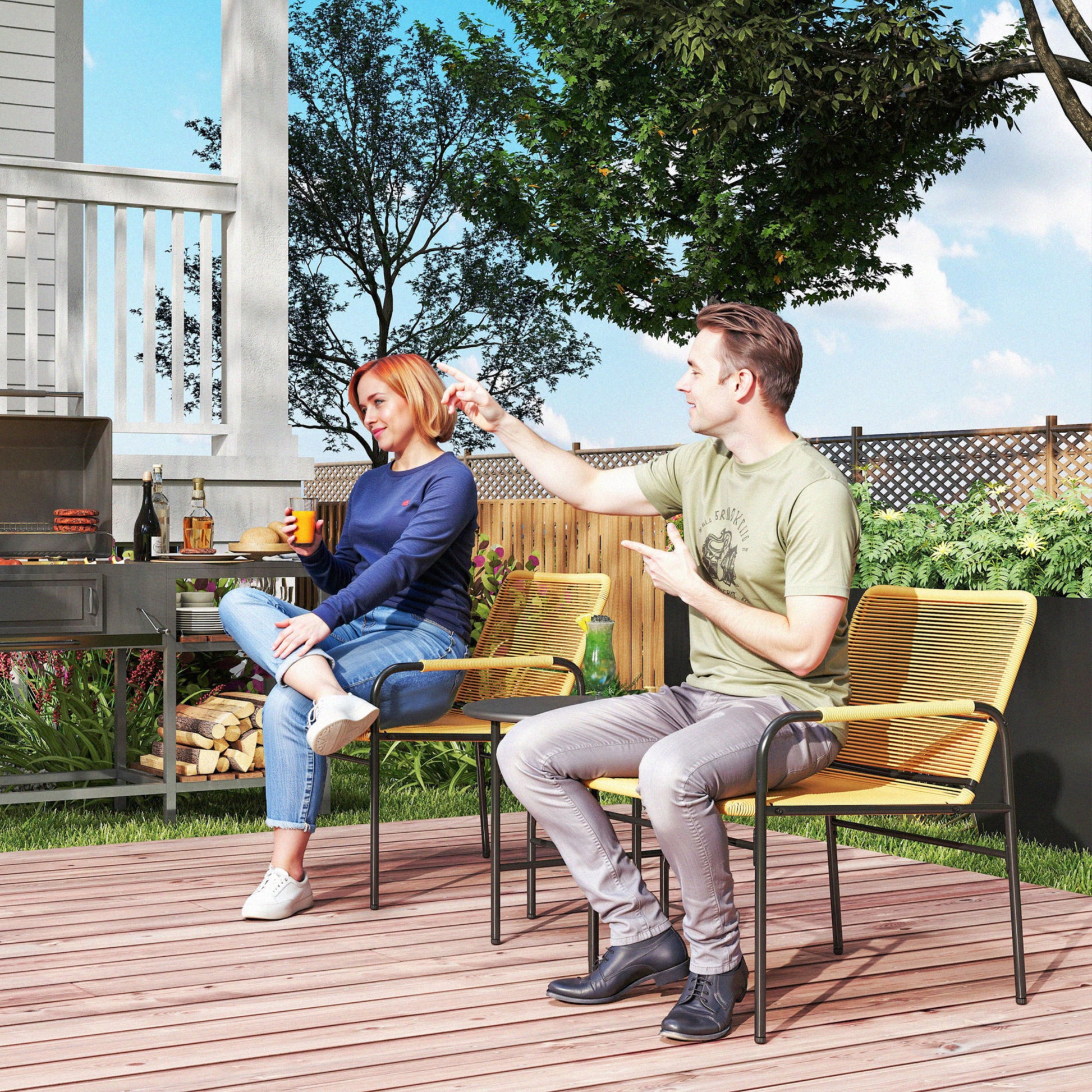 3-Piece Rattan Bistro Set, Seating Group, Garden Set with 2 Garden Armchairs, Coffee Table, Balcony Furniture Set for Garden, Terrace, Steel, Yellow