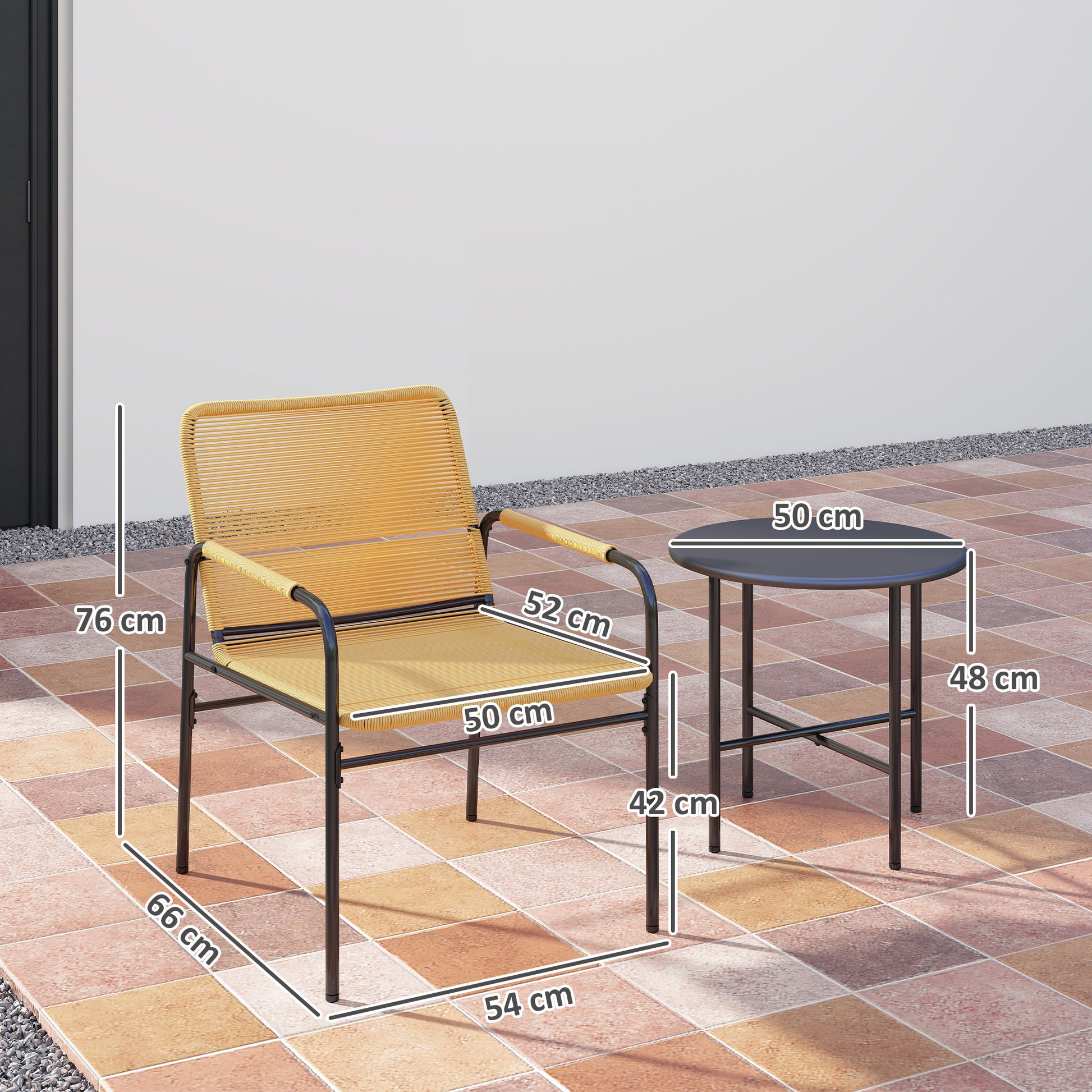 3-Piece Rattan Bistro Set, Seating Group, Garden Set with 2 Garden Armchairs, Coffee Table, Balcony Furniture Set for Garden, Terrace, Steel, Yellow
