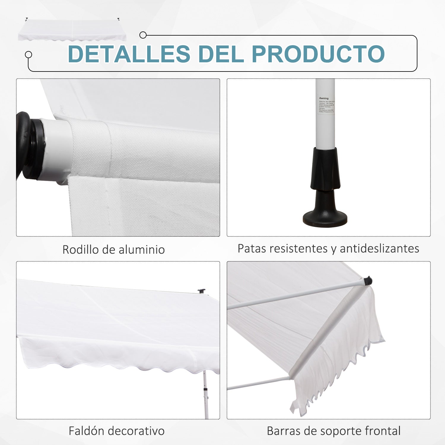 Retractable Manual Awning 300x150x170-280 cm Balcony Awning with Adjustable Height Crank and Sun Protection for Terrace Garden White