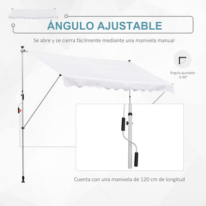 Retractable Manual Awning 300x150x170-280 cm Balcony Awning with Adjustable Height Crank and Sun Protection for Terrace Garden White