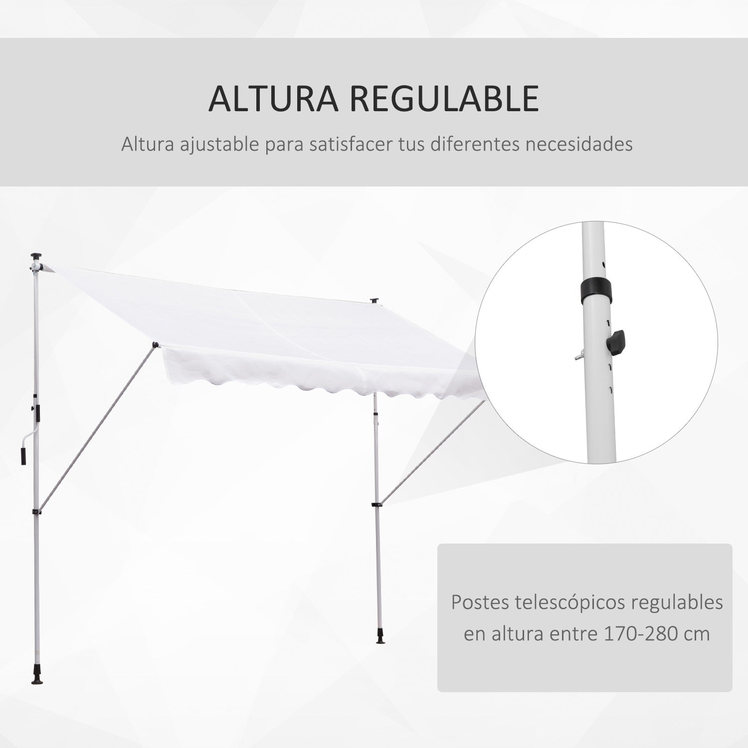 Retractable Manual Awning 300x150x170-280 cm Balcony Awning with Adjustable Height Crank and Sun Protection for Terrace Garden White