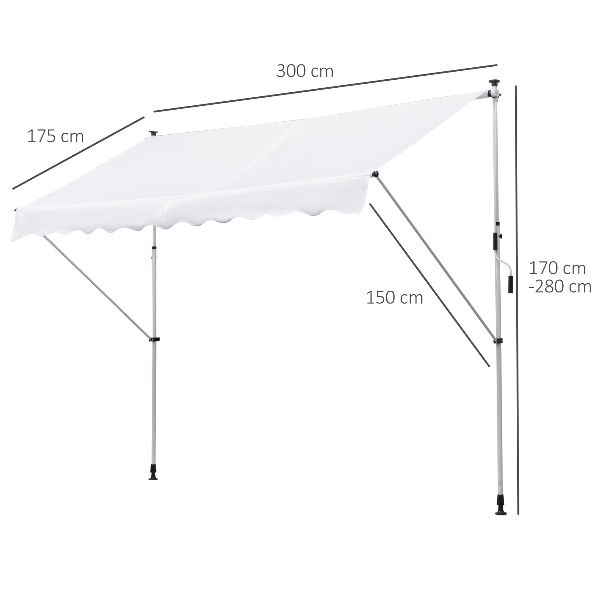 Retractable Manual Awning 300x150x170-280 cm Balcony Awning with Adjustable Height Crank and Sun Protection for Terrace Garden White