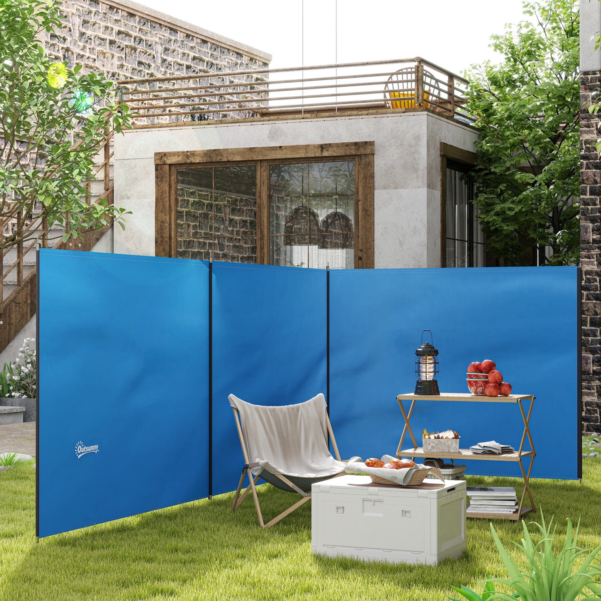 Camping Windbreak Privacy Screen with 4 Steel Poles & Carry Bag — 5.4 x 1.5 m (17.7 x 4.9 ft) — Blue