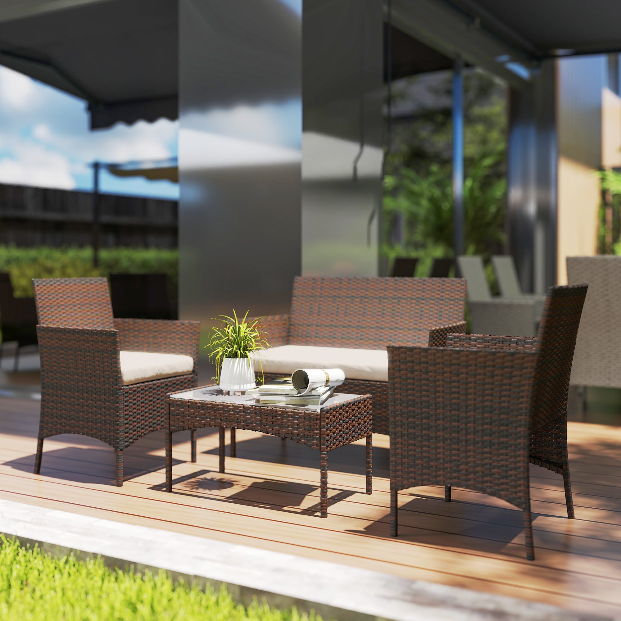 Brown Rattan Garden Set with Cushions Weather-Resistant Outdoor Furniture with 2 Armchairs 2-Seater Sofa Glass Table
