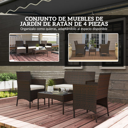 Brown Rattan Garden Set with Cushions Weather-Resistant Outdoor Furniture with 2 Armchairs 2-Seater Sofa Glass Table