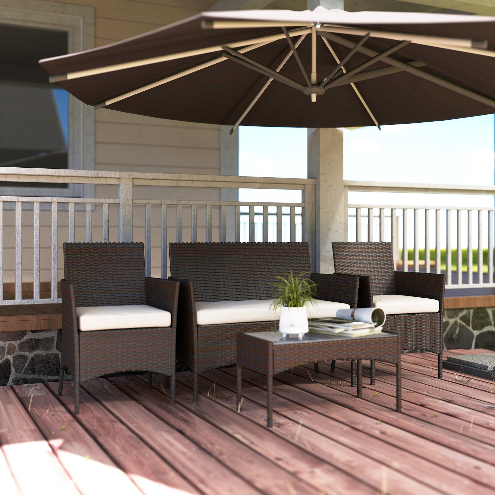Brown Rattan Garden Set with Cushions Weather-Resistant Outdoor Furniture with 2 Armchairs 2-Seater Sofa Glass Table