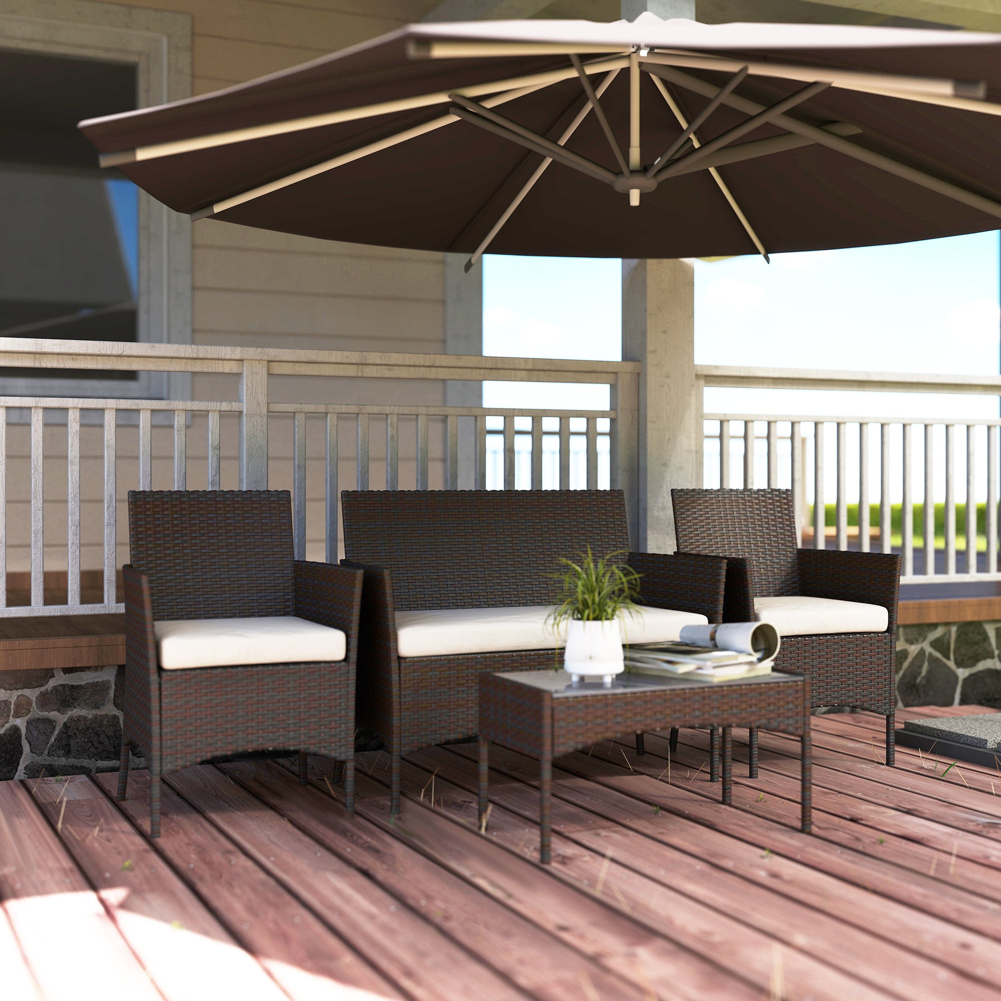 Brown Rattan Garden Set with Cushions Weather-Resistant Outdoor Furniture with 2 Armchairs 2-Seater Sofa Glass Table