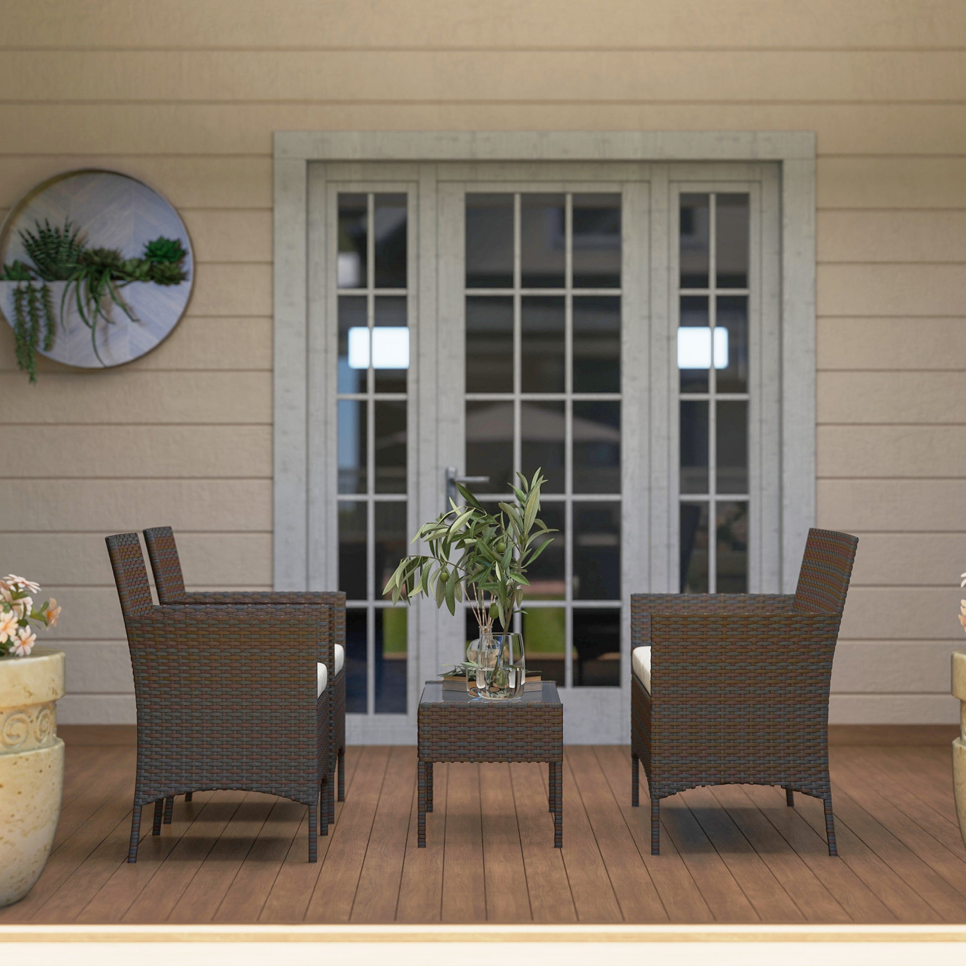 Brown Rattan Garden Set with Cushions Weather-Resistant Outdoor Furniture with 2 Armchairs 2-Seater Sofa Glass Table