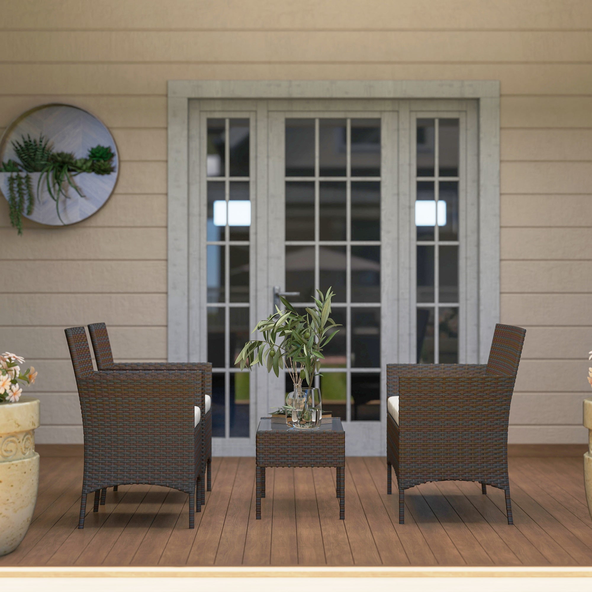 Brown Rattan Garden Set with Cushions Weather-Resistant Outdoor Furniture with 2 Armchairs 2-Seater Sofa Glass Table