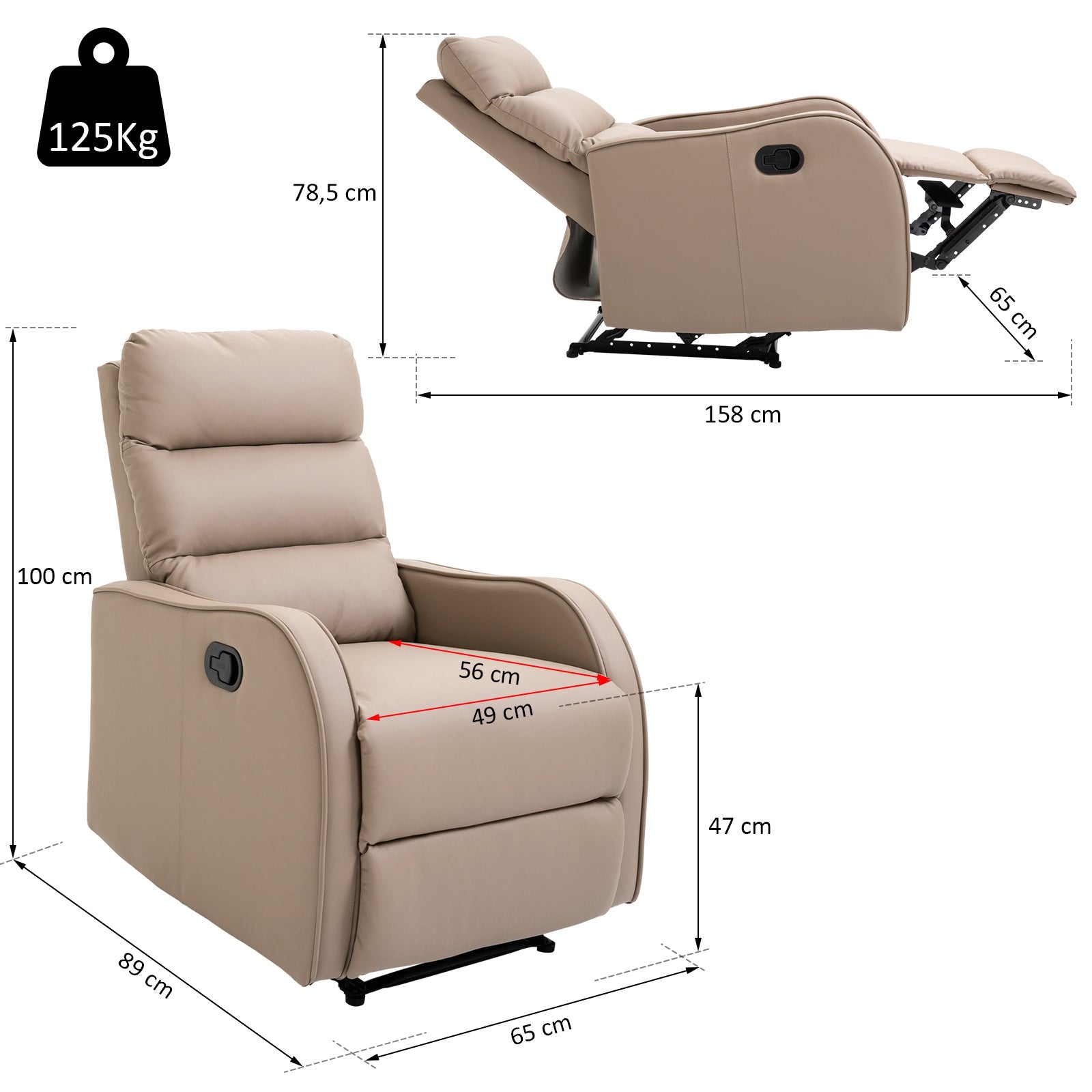 Manual Reclining Relax Armchair Upholstered in PU with Retractable Footrest Extra Padded Seat and Backrest for Living Room Office Bedroom 65x89x100 cm Brown