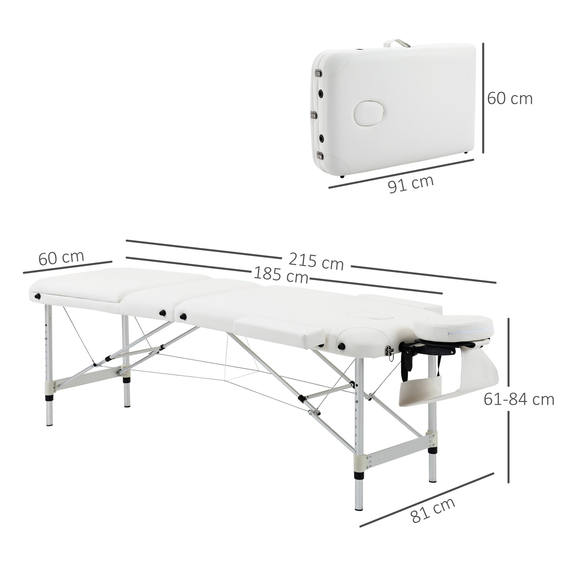Foldable Massage Table Cosmetic Bed Adjustable Height Massage Bed Aluminum Foam Plastic White 215 x 81 x 61-84 cm