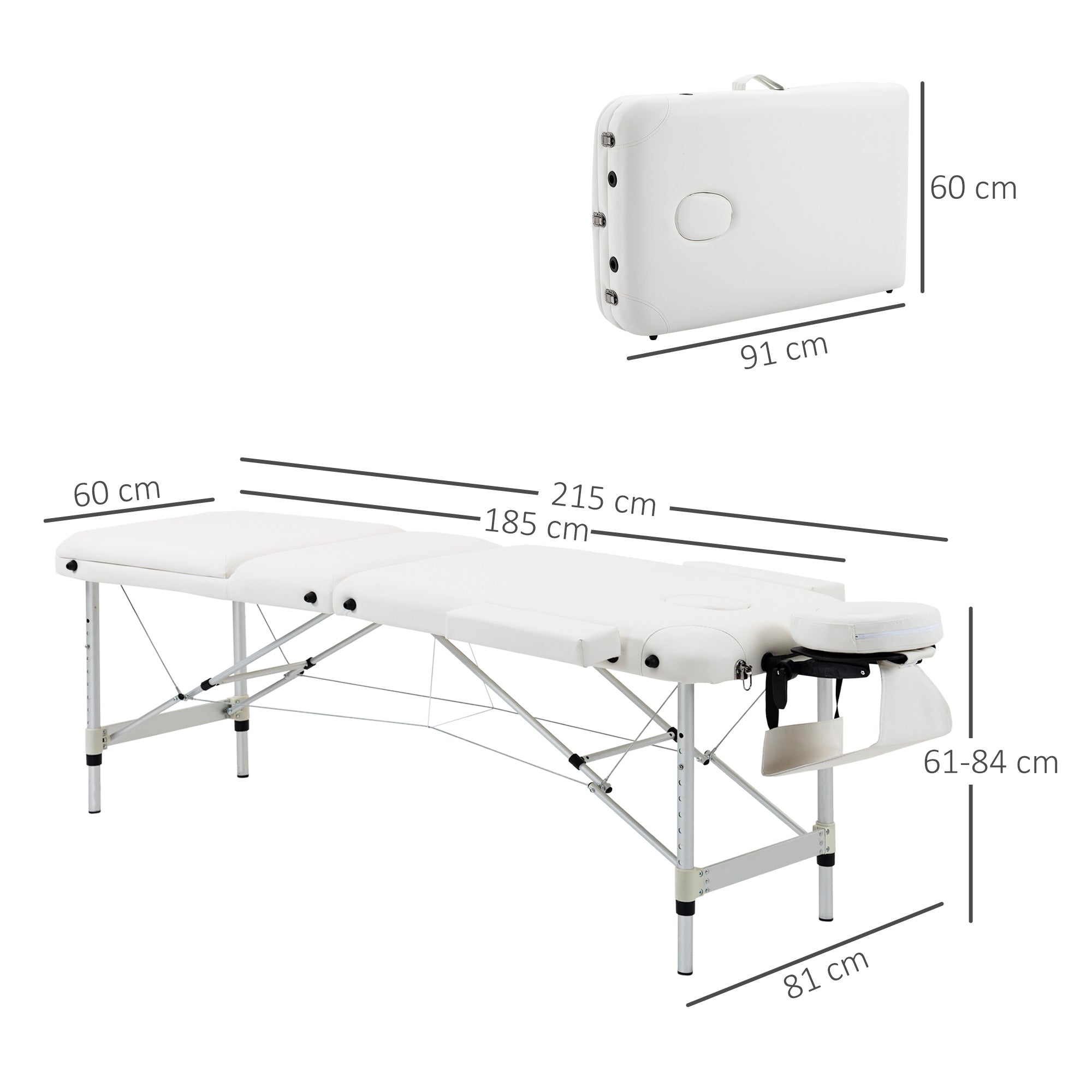 Foldable Massage Table Cosmetic Bed Adjustable Height Massage Bed Aluminum Foam Plastic White 215 x 81 x 61-84 cm