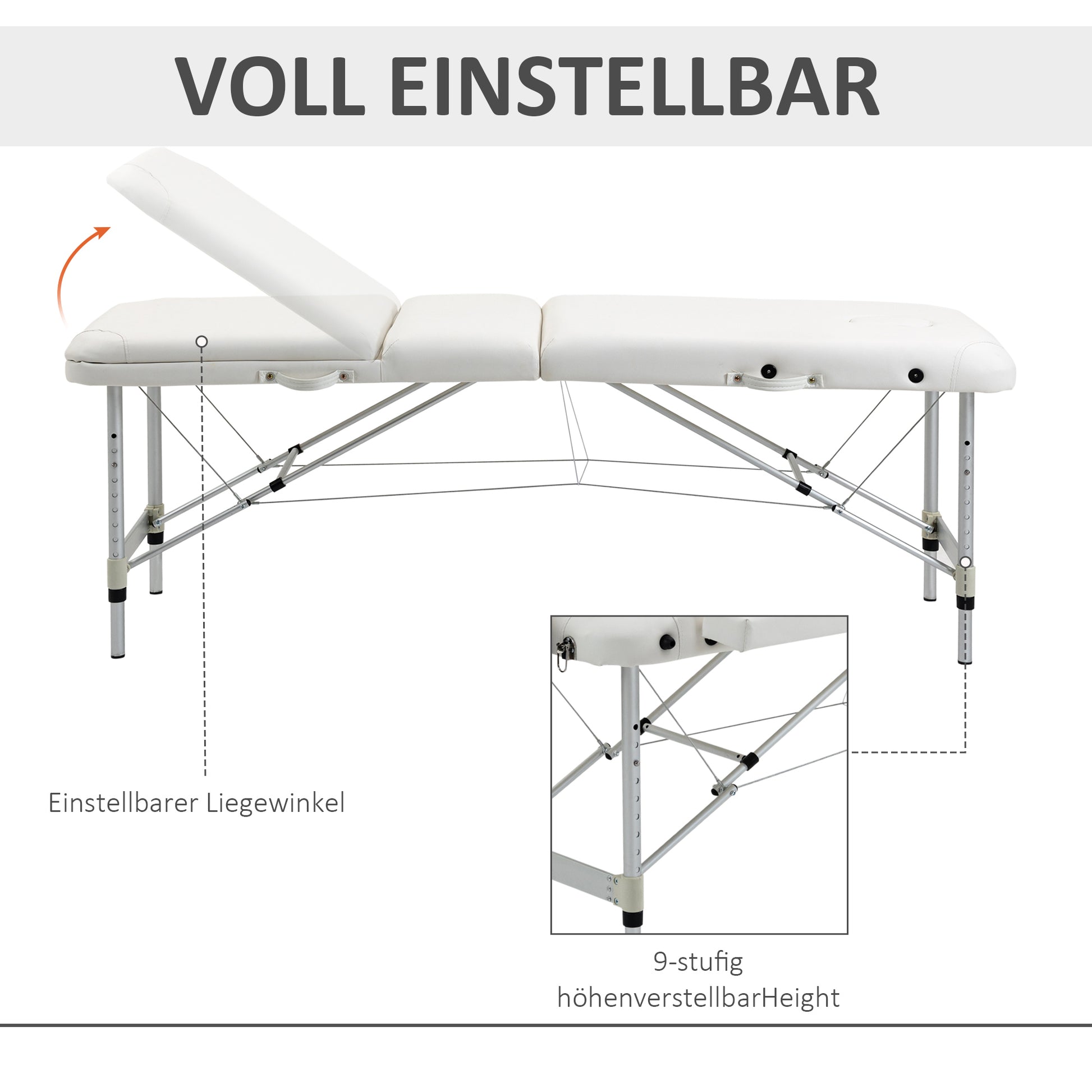 Foldable Massage Table Cosmetic Bed Adjustable Height Massage Bed Aluminum Foam Plastic White 215 x 81 x 61-84 cm
