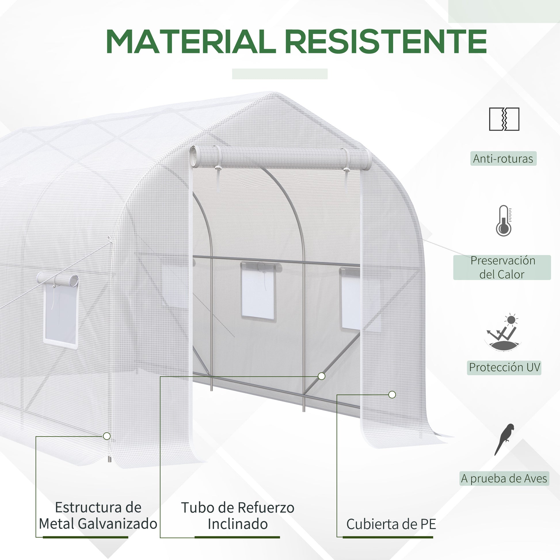 Garden Greenhouse 4x2x2 m Tunnel Type with 6 Breathable Windows and Roll-Up Zipper Door for Growing Plants Vegetables White