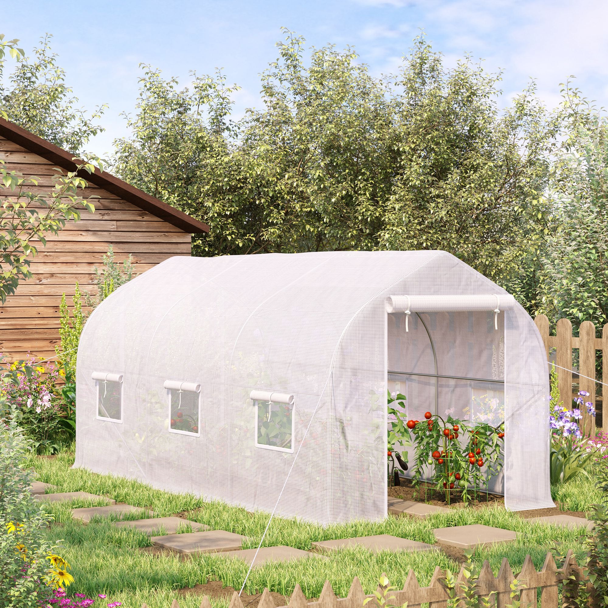 Garden Greenhouse 4x2x2 m Tunnel Type with 6 Breathable Windows and Roll-Up Zipper Door for Growing Plants Vegetables White