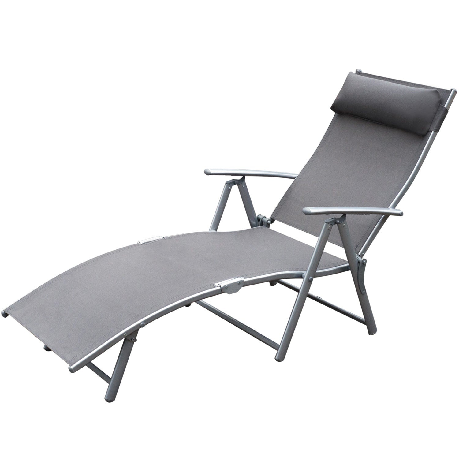 Folding Sun Lounger Beach Chair with Pillow Recliner with 7-Position Adjustable Backrest Sun Lounger Recliner Sun Lounger Garden Chair up to 165 kg load capacity, for garden vacation outdoor, Gray