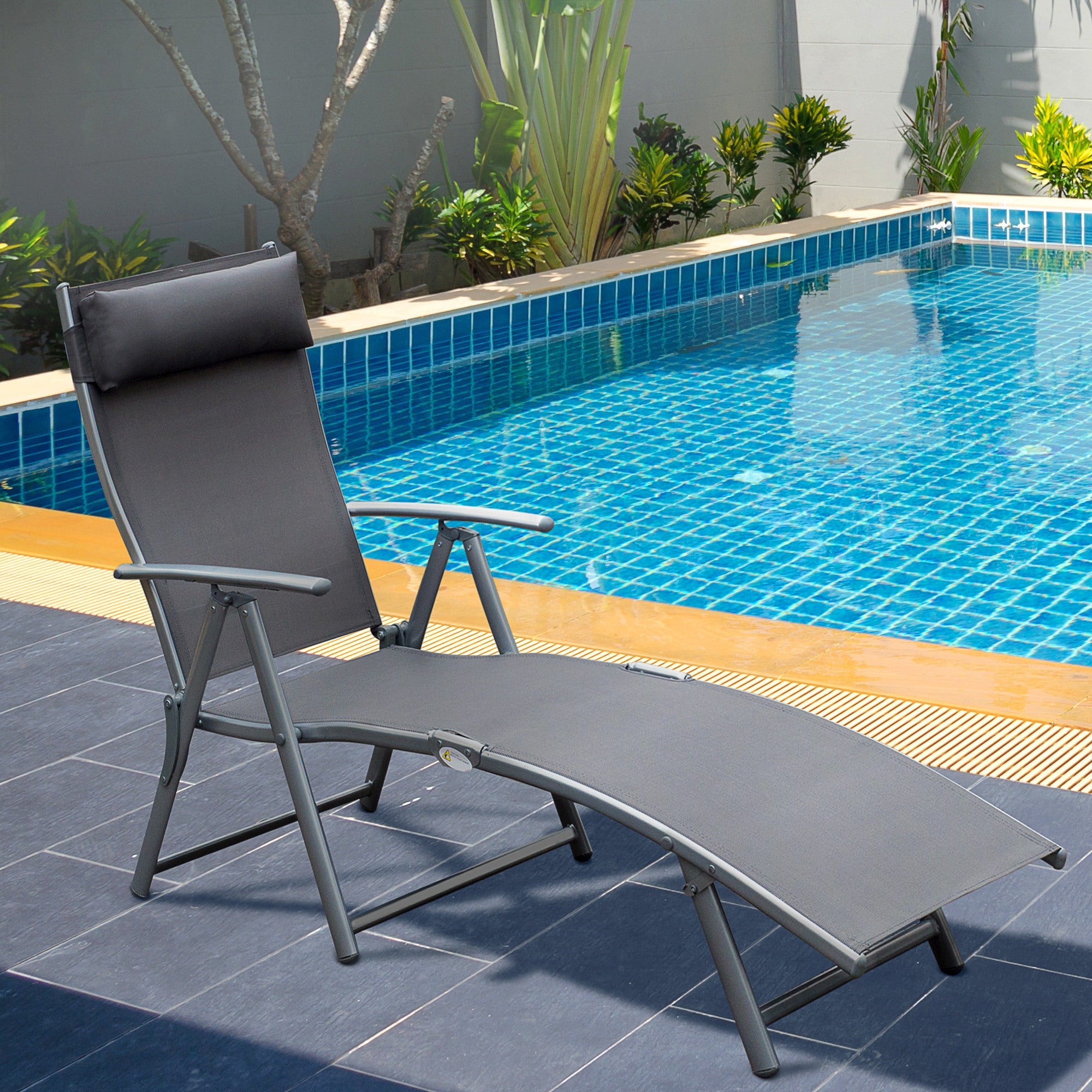 Folding Sun Lounger Beach Chair with Pillow Recliner with 7-Position Adjustable Backrest Sun Lounger Recliner Sun Lounger Garden Chair up to 165 kg load capacity, for garden vacation outdoor, Gray