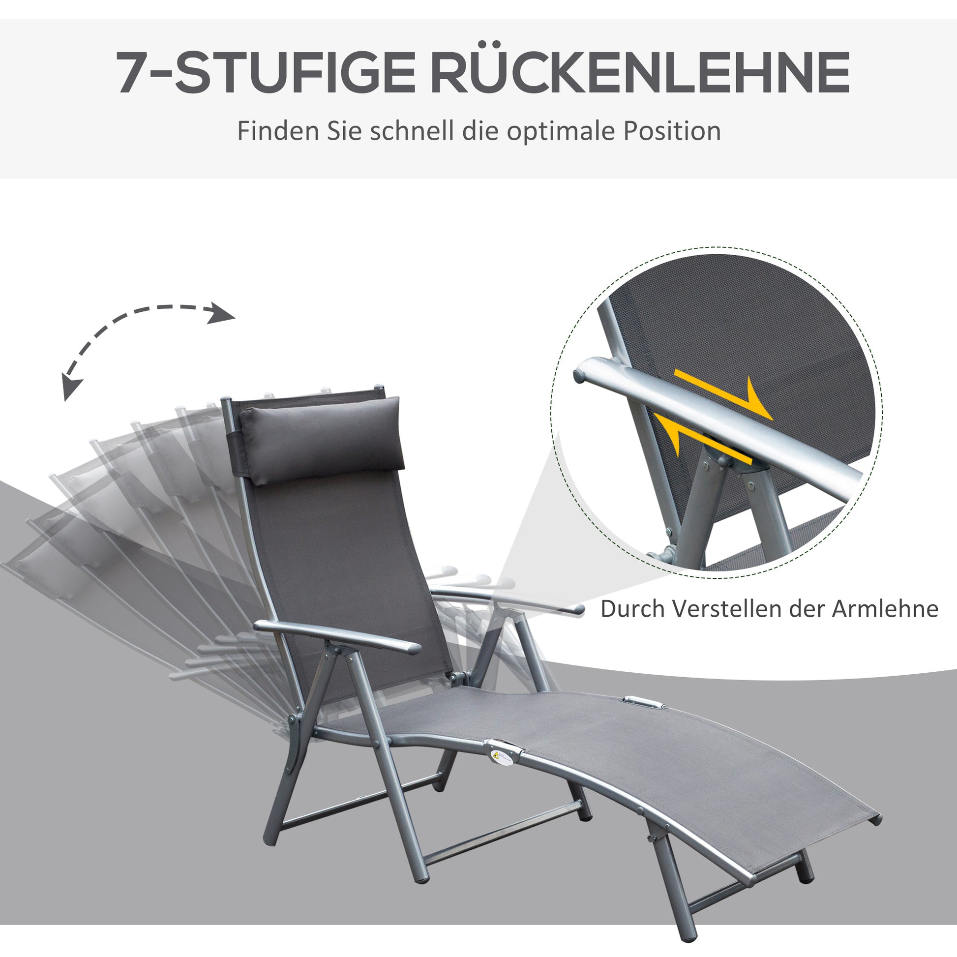 Folding Sun Lounger Beach Chair with Pillow Recliner with 7-Position Adjustable Backrest Sun Lounger Recliner Sun Lounger Garden Chair up to 165 kg load capacity, for garden vacation outdoor, Gray