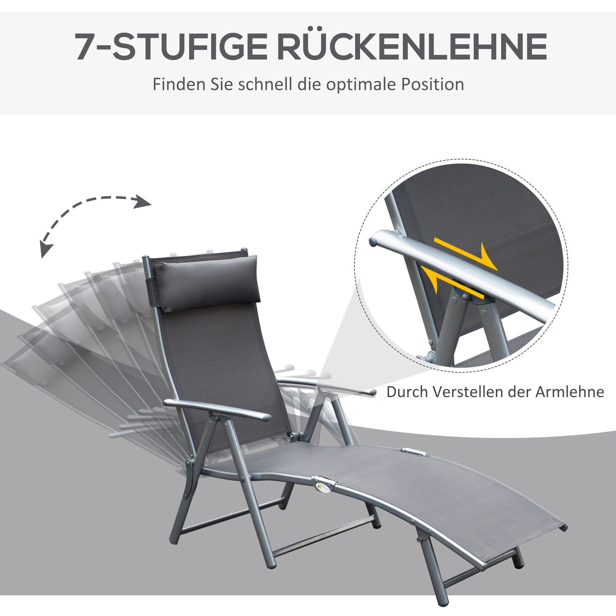 Folding Sun Lounger Beach Chair with Pillow Recliner with 7-Position Adjustable Backrest Sun Lounger Recliner Sun Lounger Garden Chair up to 165 kg load capacity, for garden vacation outdoor, Gray