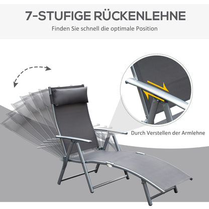 Folding Sun Lounger Beach Chair with Pillow Recliner with 7-Position Adjustable Backrest Sun Lounger Recliner Sun Lounger Garden Chair up to 165 kg load capacity, for garden vacation outdoor, Gray