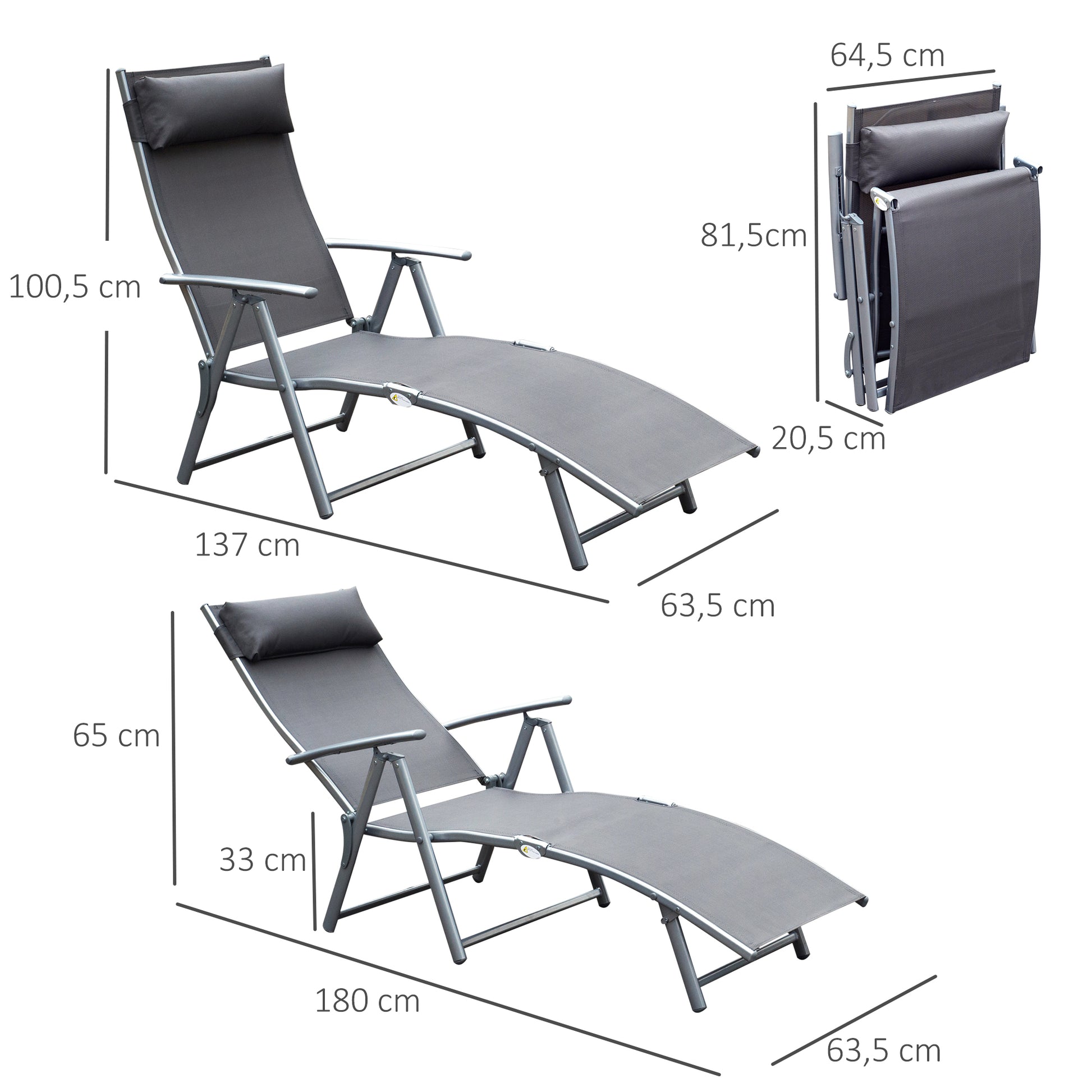 Folding Sun Lounger Beach Chair with Pillow Recliner with 7-Position Adjustable Backrest Sun Lounger Recliner Sun Lounger Garden Chair up to 165 kg load capacity, for garden vacation outdoor, Gray