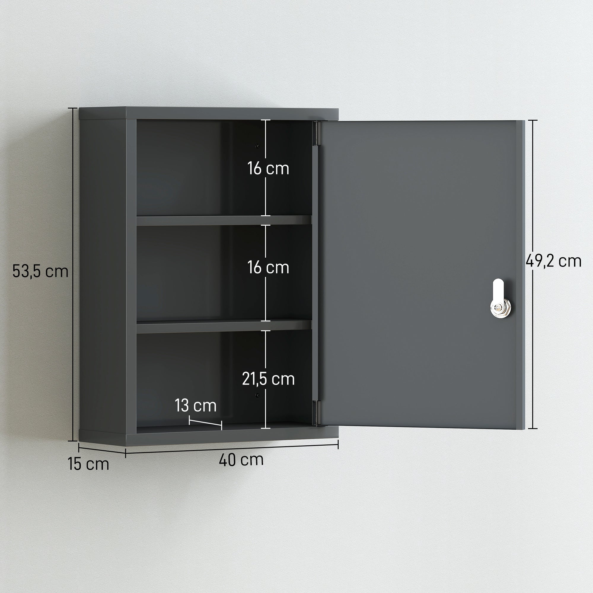 Lockable Medicine Cabinet — 3-Shelf Wall-Mount First Aid Cabinet with 2 Keys, Cold-Rolled Steel, Charcoal — 15.7 x 5.9 x 21.1 in (40 x 15 x 53.5 cm)