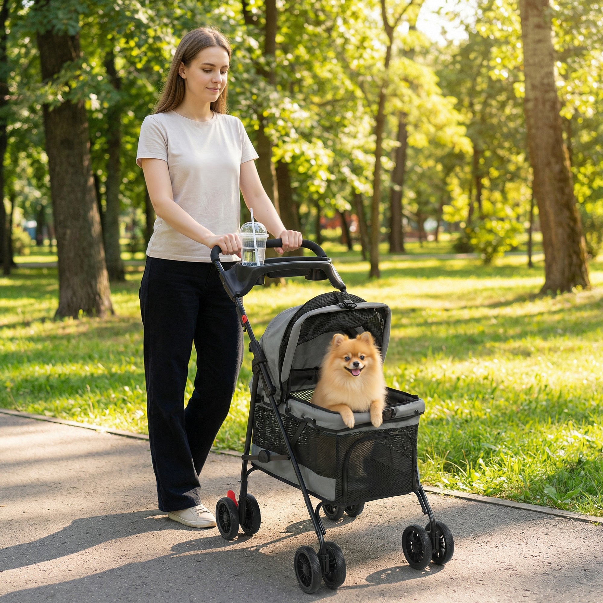 Foldable Pet Stroller for Small Dogs & Cats, Up to 22 lb (10 kg), Lightweight 4-Wheel EVA with Swivel Front & Brakes, Breathable Mesh, Washable Cushion, Tray & Cup Holder, Gray