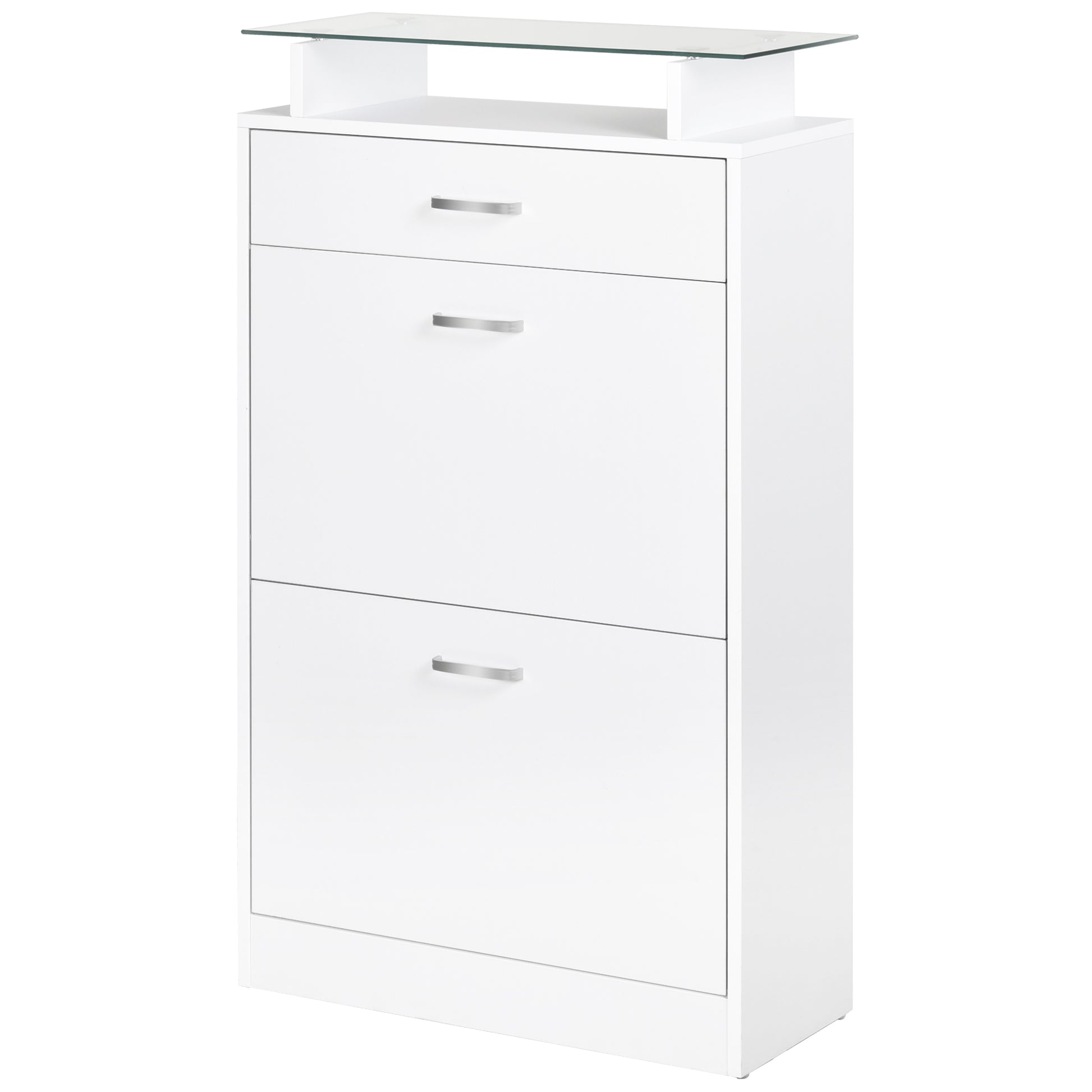 Shoe Cabinet Shoe Rack with 3 Drawers Glass Shelf and Aluminum Handle for Hallway Entryway Load 50 kg 60x24x105.5 cm White