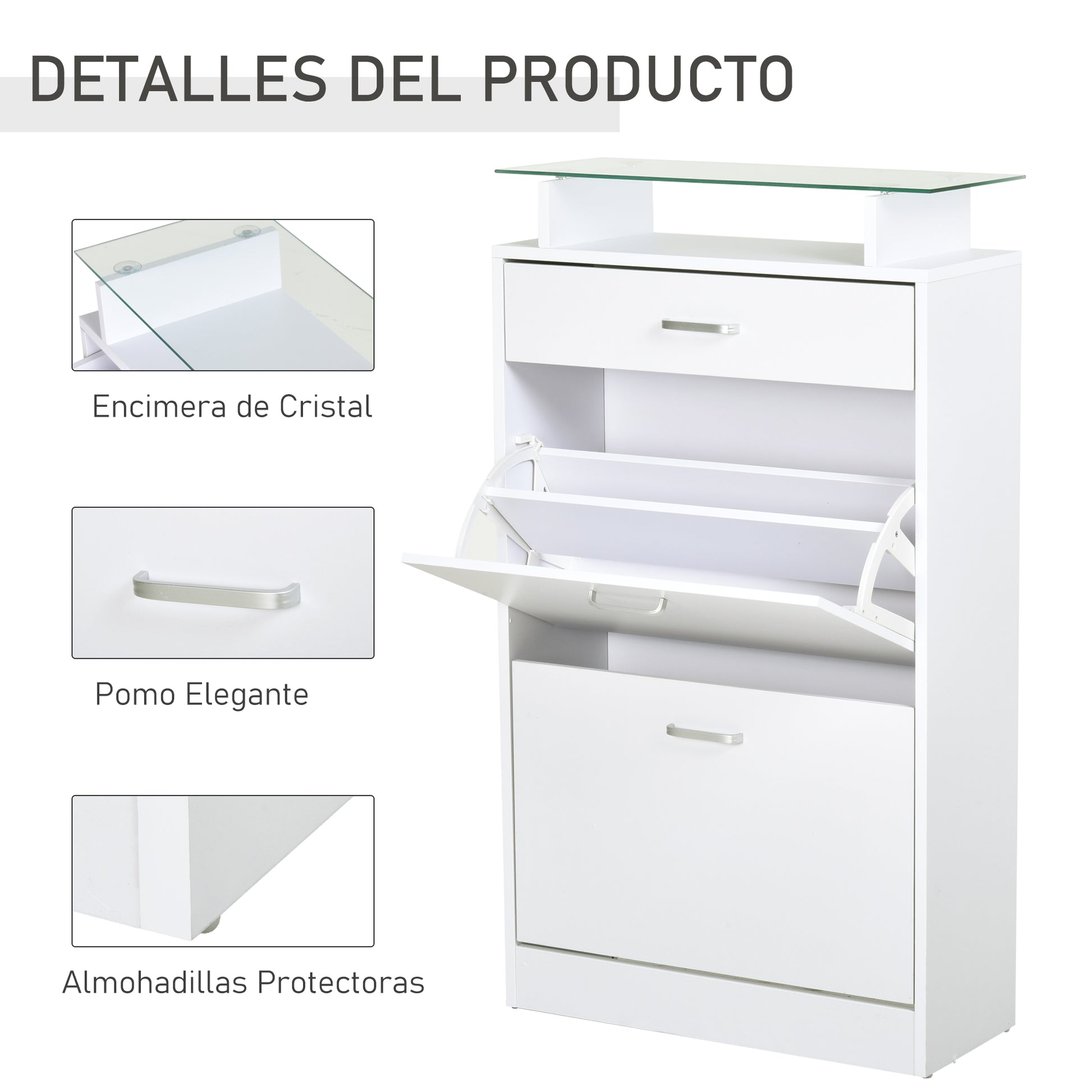 Shoe Cabinet Shoe Rack with 3 Drawers Glass Shelf and Aluminum Handle for Hallway Entryway Load 50 kg 60x24x105.5 cm White