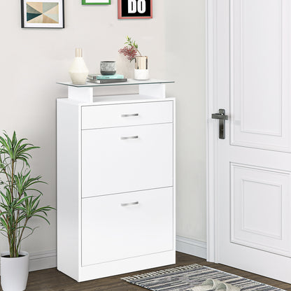 Shoe Cabinet Shoe Rack with 3 Drawers Glass Shelf and Aluminum Handle for Hallway Entryway Load 50 kg 60x24x105.5 cm White