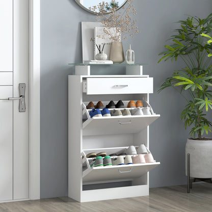 Shoe Cabinet Shoe Rack with 3 Drawers Glass Shelf and Aluminum Handle for Hallway Entryway Load 50 kg 60x24x105.5 cm White