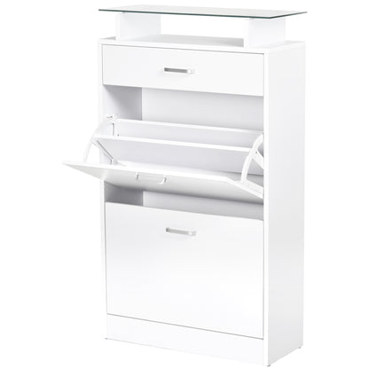 Shoe Cabinet Shoe Rack with 3 Drawers Glass Shelf and Aluminum Handle for Hallway Entryway Load 50 kg 60x24x105.5 cm White