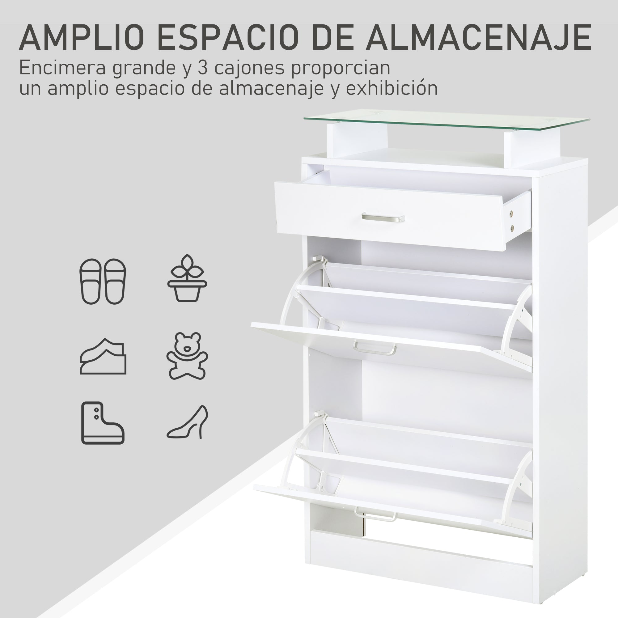 Shoe Cabinet Shoe Rack with 3 Drawers Glass Shelf and Aluminum Handle for Hallway Entryway Load 50 kg 60x24x105.5 cm White