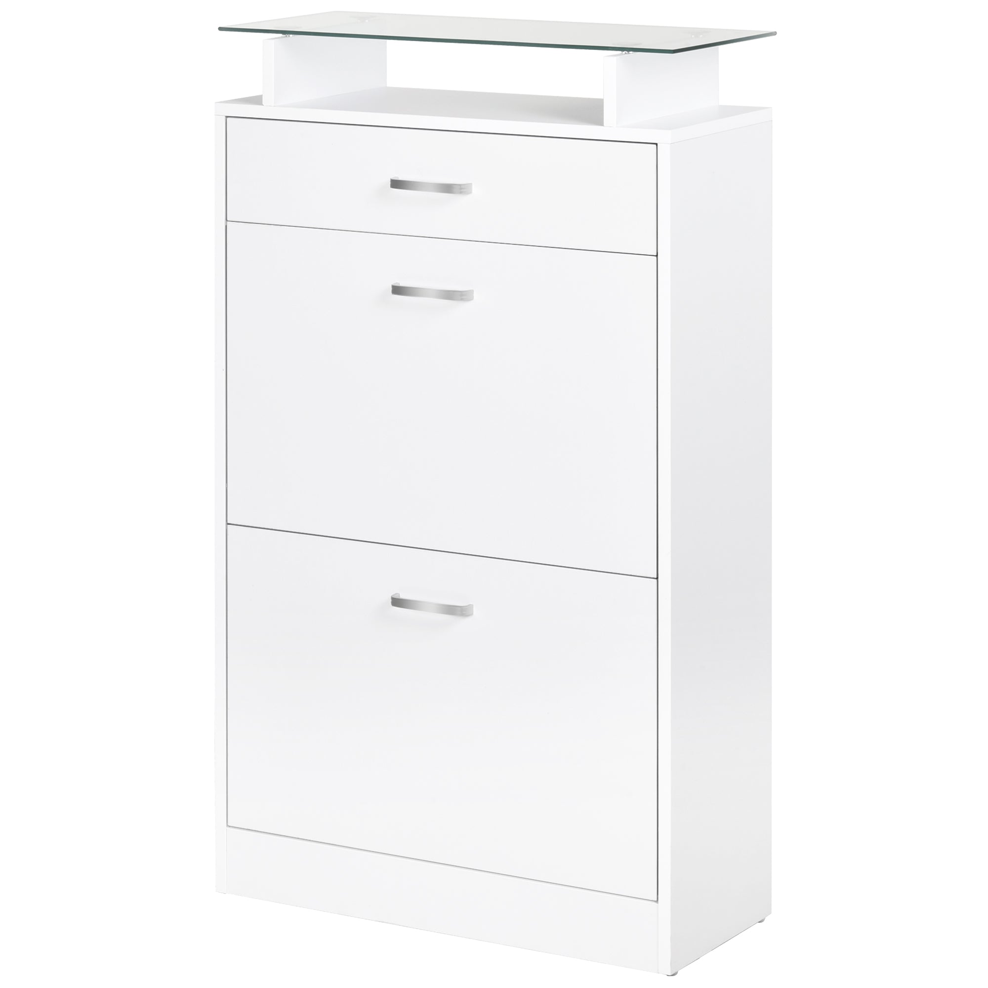 Shoe Cabinet Shoe Rack with 3 Drawers Glass Shelf and Aluminum Handle for Hallway Entryway Load 50 kg 60x24x105.5 cm White