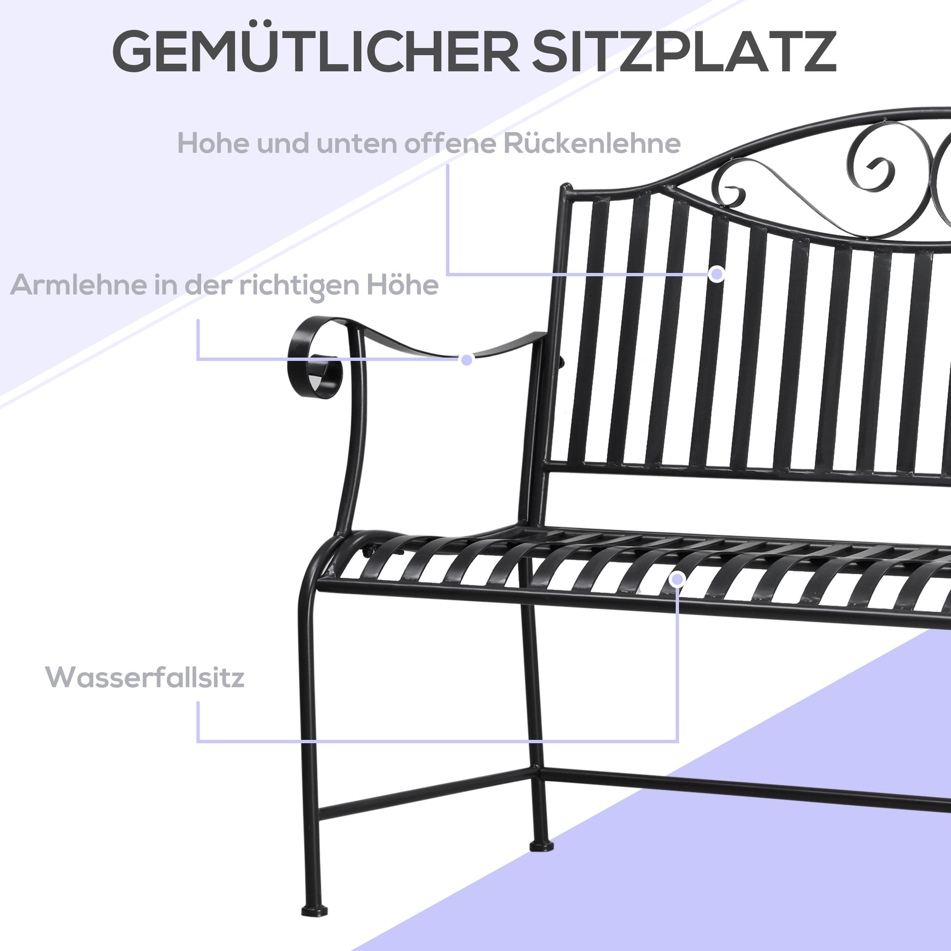 Garden Bench Seat Park Bench 2-Seater Metal Bench Steel Frame with Armrest for Garden Balcony and Terrace up to 220 kg Capacity Gray 115.5 x 54 x 96 cm