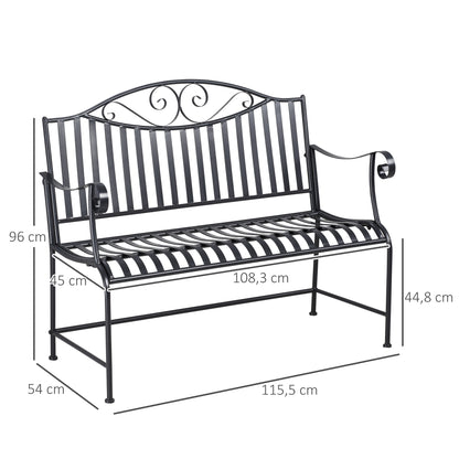 Garden Bench Seat Park Bench 2-Seater Metal Bench Steel Frame with Armrest for Garden Balcony and Terrace up to 220 kg Capacity Gray 115.5 x 54 x 96 cm