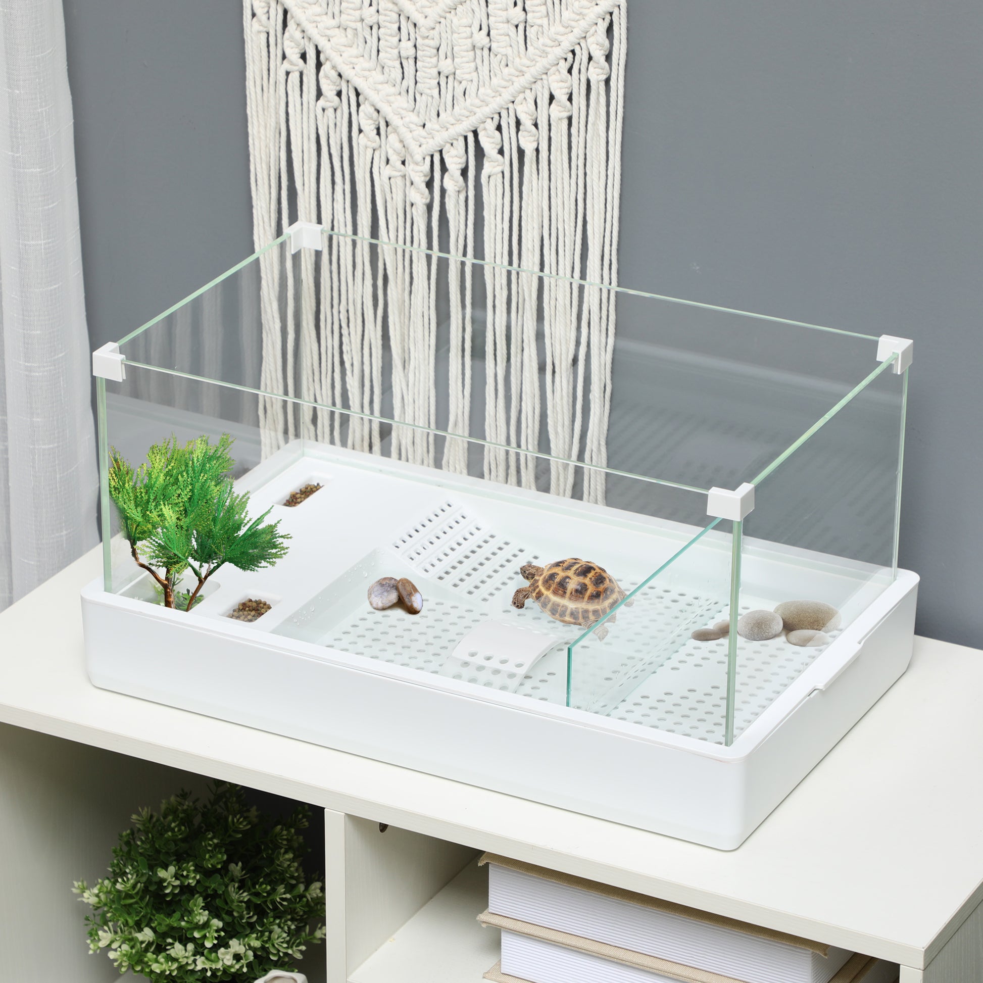 Turtle Tank with 3-Level Filter and Glass Panels, ABS Paludarium, 51x31x25.5 cm, White