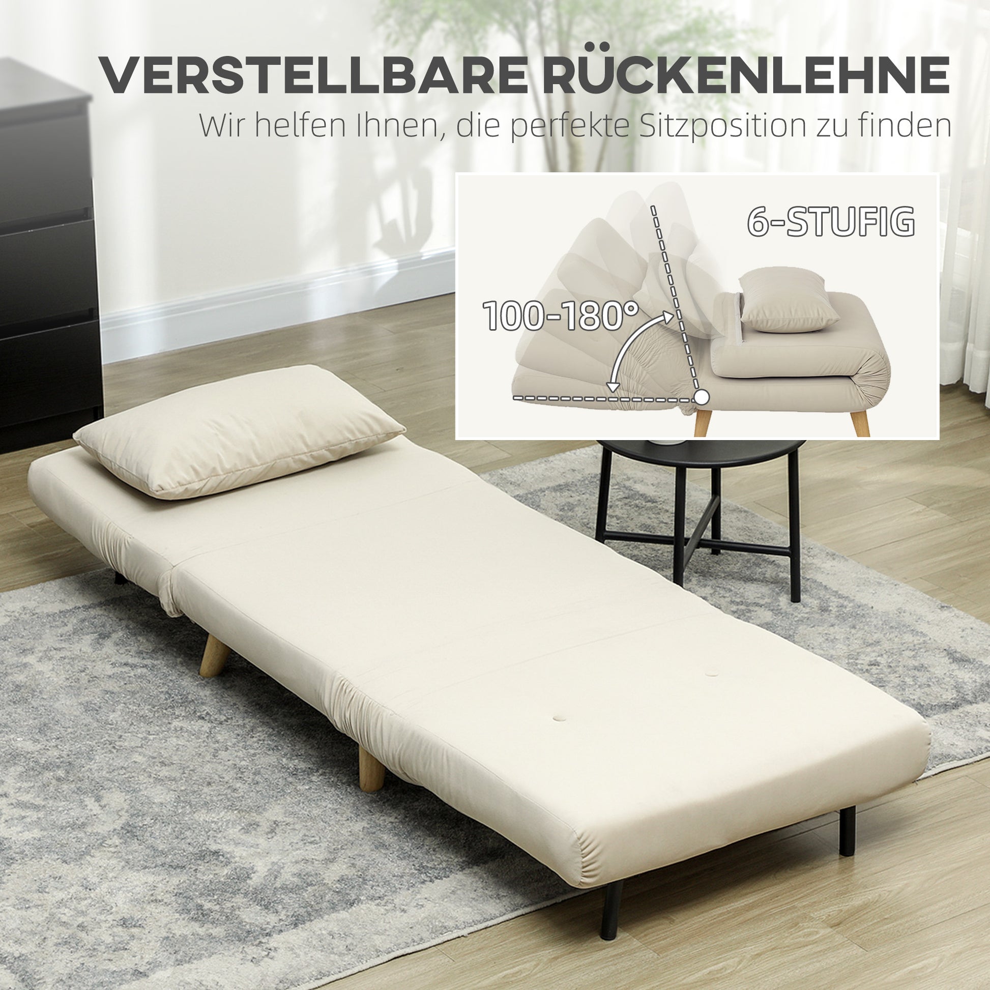 3 in 1 Sleeper Chair, Sofa Bed with Bed Function, Lumbar Pillow, Foldable Reclining Chair with Adjustable Backrest Chaise Lounge in Velvet Look, for Living Room, Beige