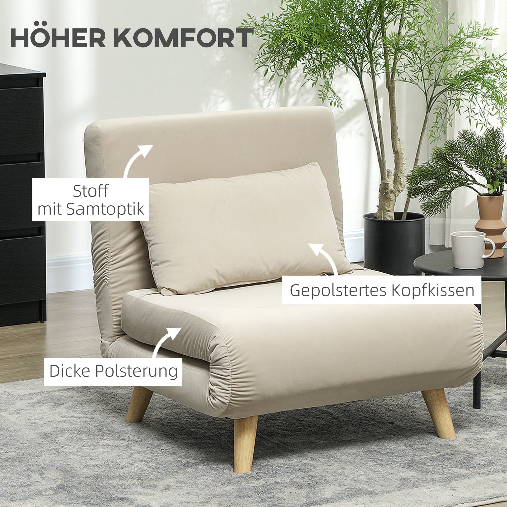 3 in 1 Sleeper Chair, Sofa Bed with Bed Function, Lumbar Pillow, Foldable Reclining Chair with Adjustable Backrest Chaise Lounge in Velvet Look, for Living Room, Beige