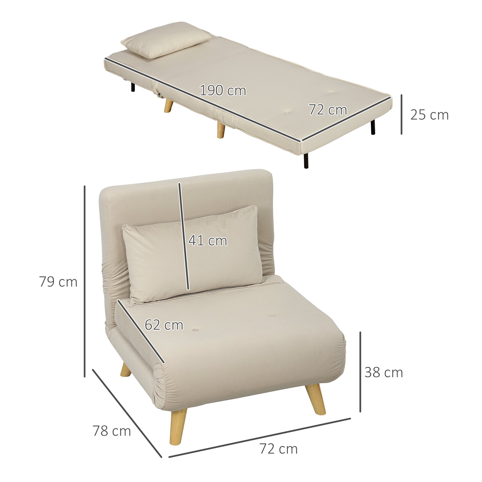 3 in 1 Sleeper Chair, Sofa Bed with Bed Function, Lumbar Pillow, Foldable Reclining Chair with Adjustable Backrest Chaise Lounge in Velvet Look, for Living Room, Beige