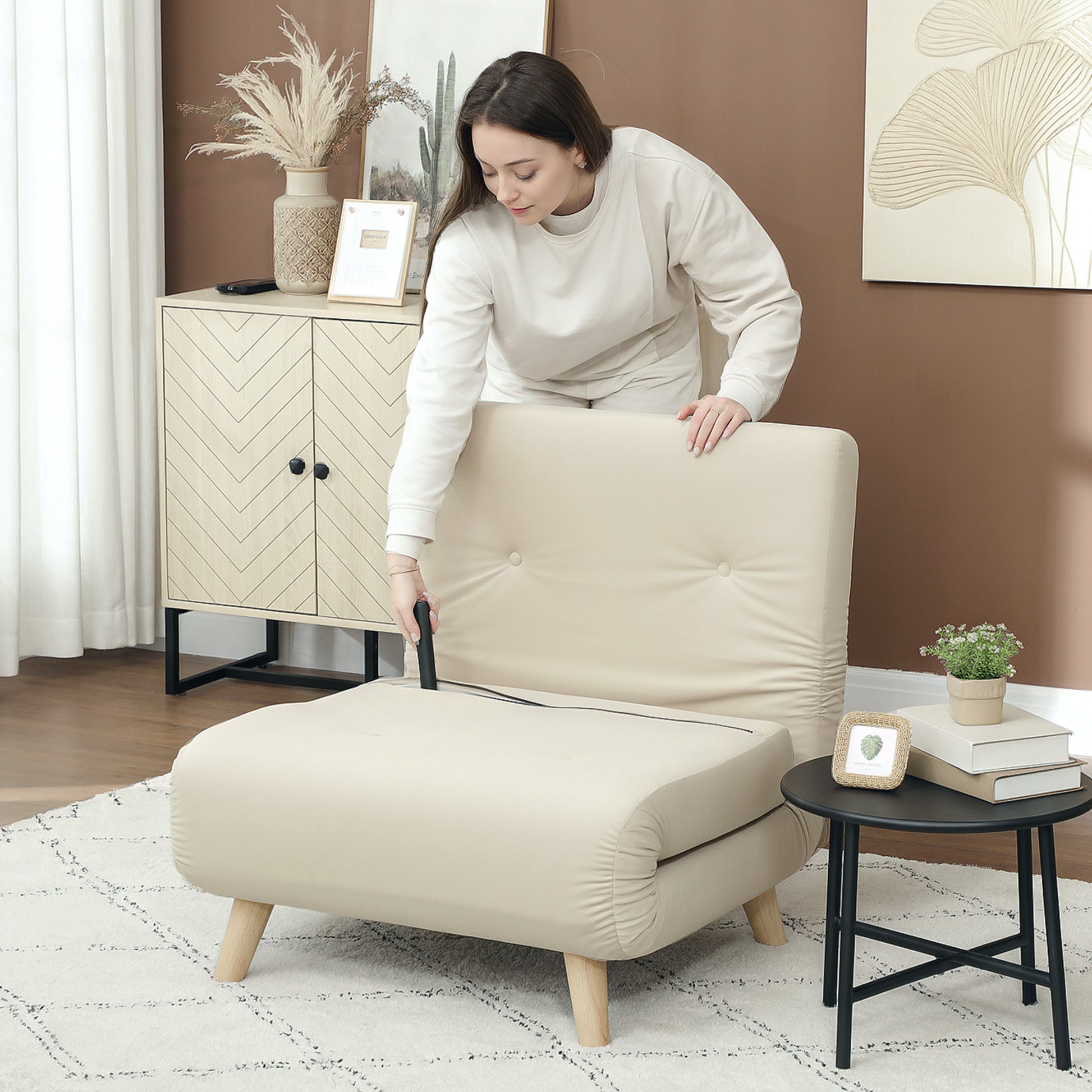 3 in 1 Sleeper Chair, Sofa Bed with Bed Function, Lumbar Pillow, Foldable Reclining Chair with Adjustable Backrest Chaise Lounge in Velvet Look, for Living Room, Beige