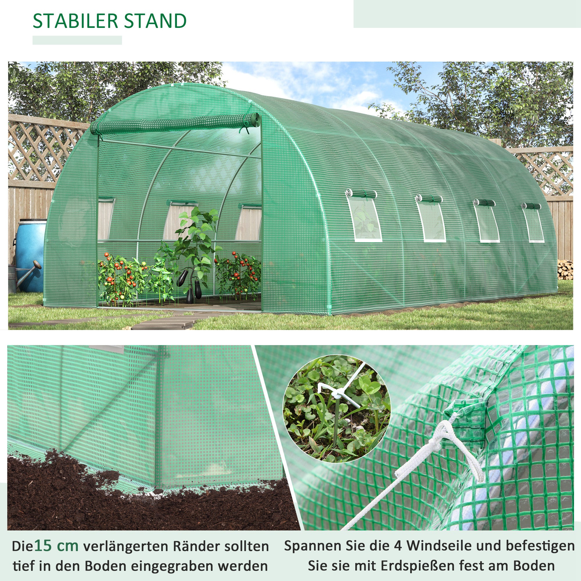 Greenhouse approx. 6 x 3 x 2 m Foil Greenhouse with 8 Windows, Roll-Up Door, Roll-up Side Panels, UV-Resistant Foil Tunnel, Winterproof Tomato House with Ground Anchors, Green