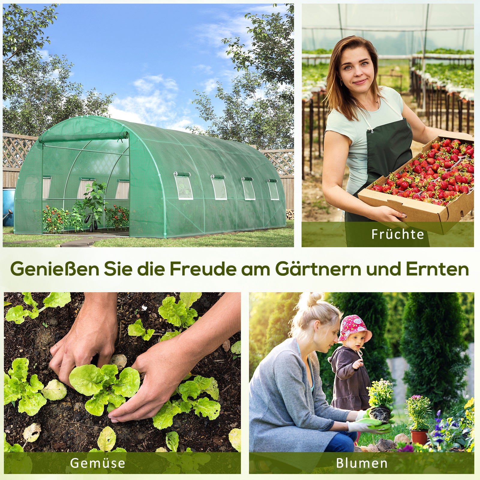 Greenhouse approx. 6 x 3 x 2 m Foil Greenhouse with 8 Windows, Roll-Up Door, Roll-up Side Panels, UV-Resistant Foil Tunnel, Winterproof Tomato House with Ground Anchors, Green